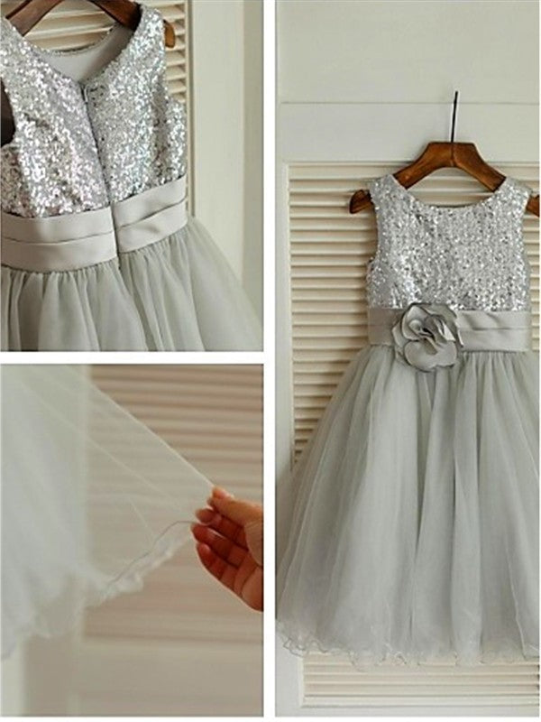 Tea-Length Tulle Sequin Sleeveless Scoop A-line/Princess Flower Girl Dresses