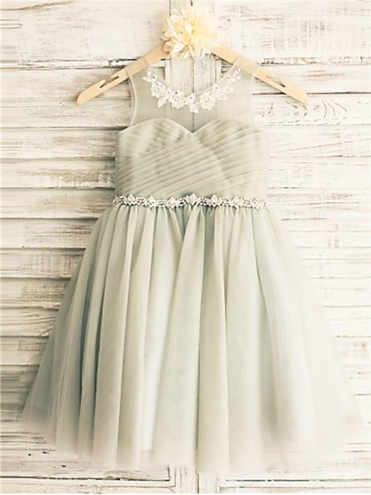 A-line/Princess Tulle Scoop Sleeveless Tea-Length Beading Flower Girl Dresses