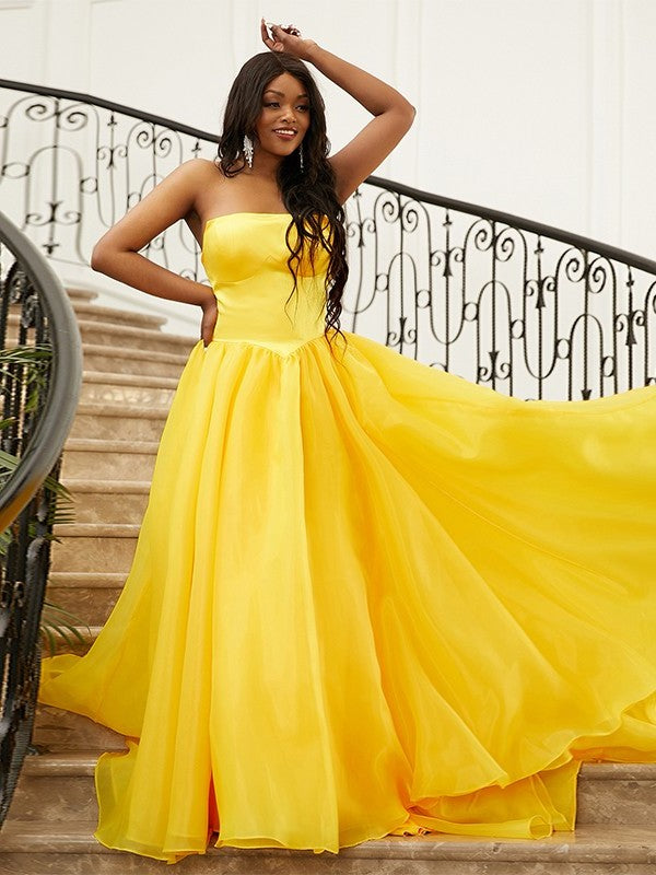 Strapless Satin Sleeveless A-Line/Princess Ruffles Sweep/Brush Train Dresses