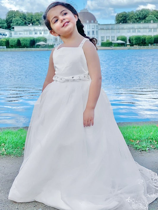 Train A-Line/Princess Tulle Sweep/Brush Spaghetti Straps Beading Sleeveless Flower Girl Dresses