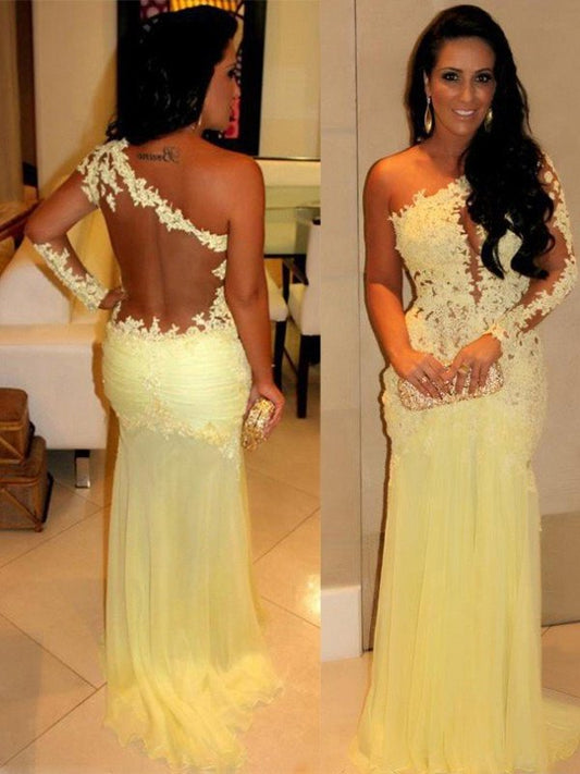 Long One-Shoulder Sleeves Sweep/Brush Applique Sheath/Column Train Chiffon Dresses