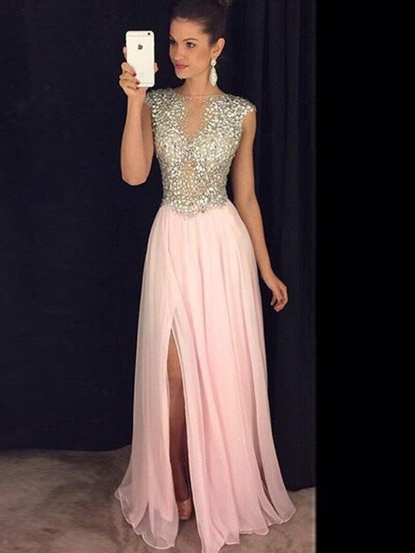 Sleeveless Bateau Chiffon A-Line/Princess Sequin Floor-Length Dresses