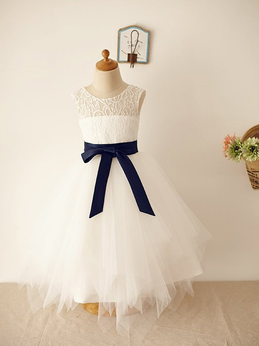 Tea-Length Sleeveless Tulle Sash/Ribbon/Belt A-Line/Princess Scoop Flower Girl Dresses