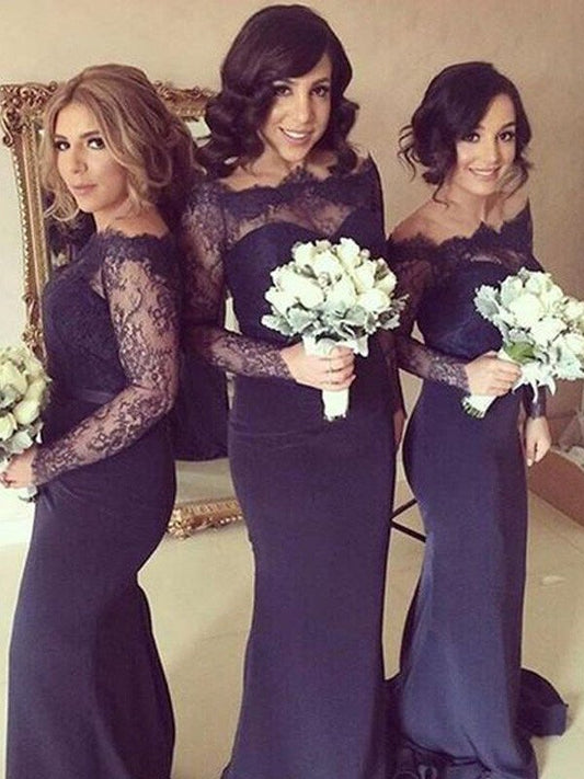 Stretch Off-the-Shoulder Trumpet/Mermaid Long Sweep/Brush Sleeves Crepe Train Bridesmaid Dresses