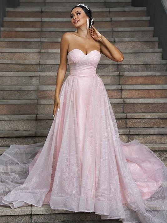 Sweep/Brush Ruffles Sleeveless Satin A-Line/Princess Sweetheart Train Wedding Dresses