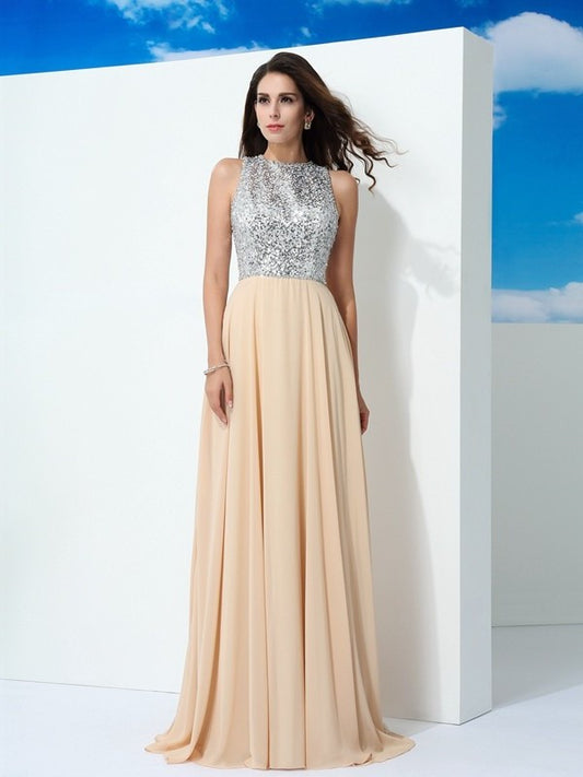 Scoop A-Line/Princess Sleeveless Paillette Long Chiffon Dresses