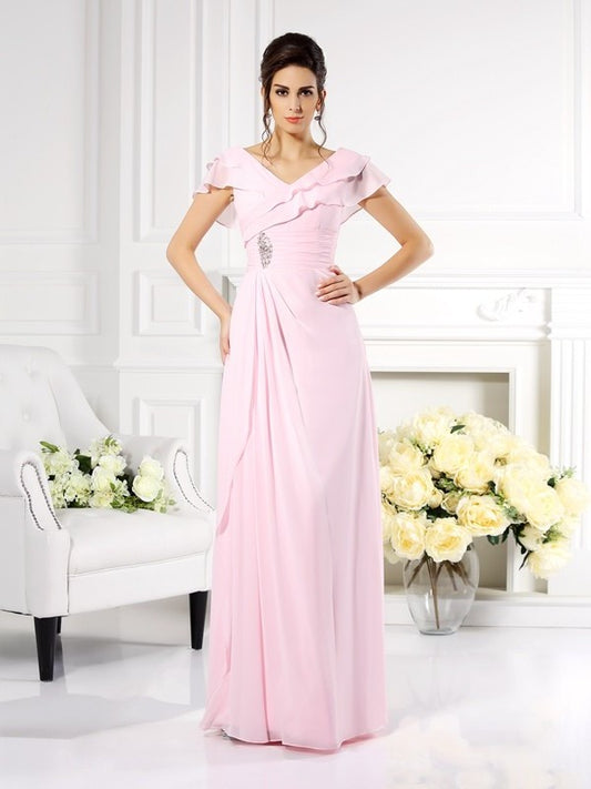 V-neck Short Long A-Line/Princess of Sleeves Chiffon Mother Ruffles the Bride Dresses