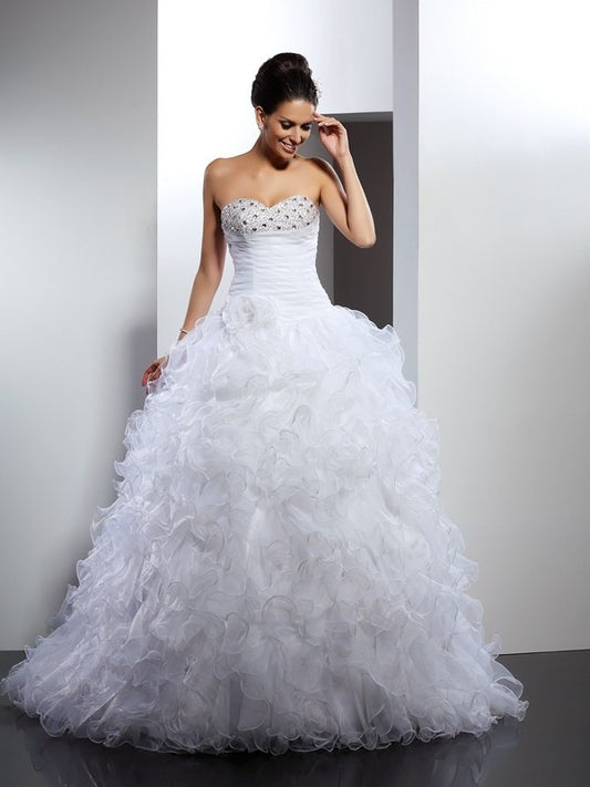 Sweetheart Beading Gown Long Sleeveless Ball Organza Wedding Dresses