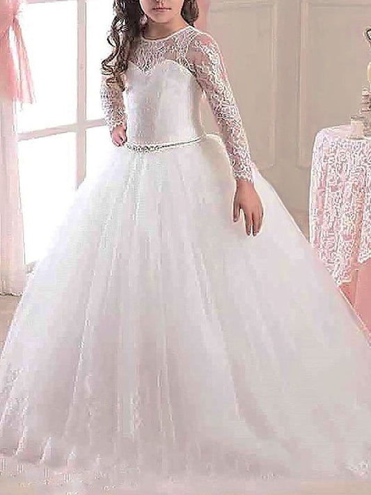 Sleeves Scoop Floor-Length Tulle Lace Ball Gown Long Flower Girl Dresses