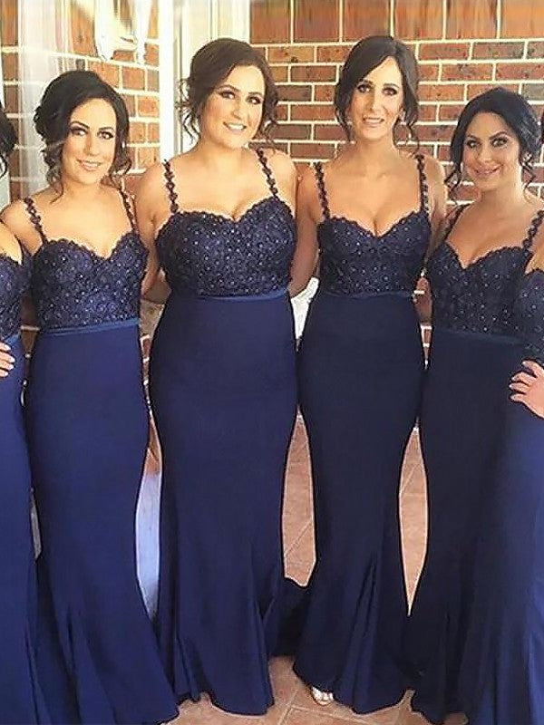 Sleeveless Stretch Trumpet/Mermaid Straps Sweep/Brush Spaghetti Train Crepe Bridesmaid Dresses