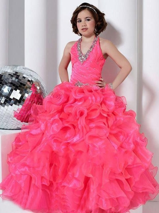 Gown Ball Long Beading Sleeveless Organza Halter Flower Girl Dresses