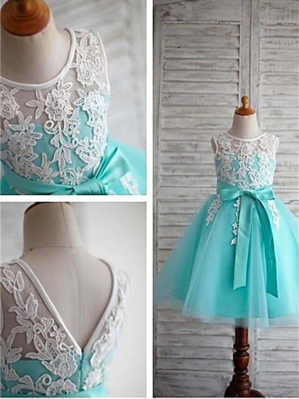 Sleeveless Knee-Length Bowknot Scoop Ball Gown Tulle Flower Girl Dresses