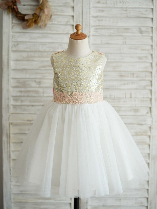 Tulle Scoop Sequin Sleeveless Knee-Length A-Line/Princess Flower Girl Dresses