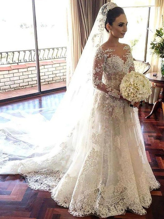 Train Bateau Chapel Long A-Line/Princess Sleeves Lace Tulle Wedding Dresses