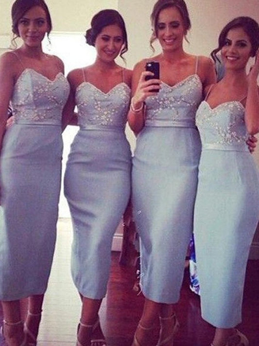 Spaghetti Sleeveless Straps Satin Sheath/Column Knee-Length Bridesmaid Dresses