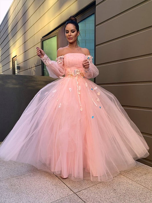 Flower Hand-Made Long Gown Ball Tulle Sleeves Off-the-Shoulder Floor-Length Dresses