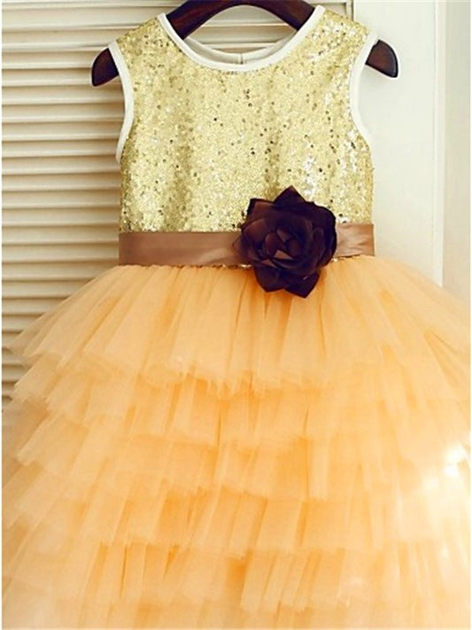 Scoop A-line/Princess Tea-Length Sequin Tulle Sleeveless Flower Girl Dresses