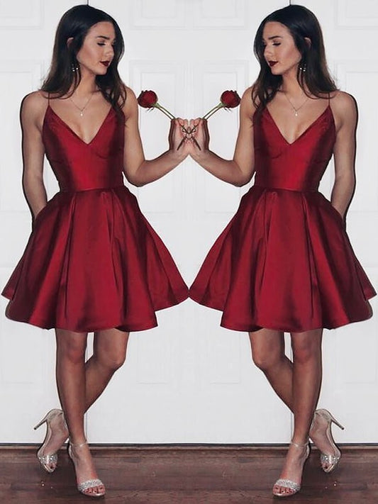 A-Line/Princess V-neck Sleeveless Satin Short/Mini Dresses