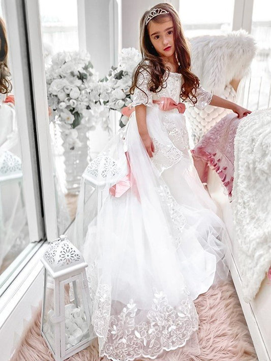 Tulle A-Line/Princess Sleeves Sash/Ribbon/Belt Off-the-Shoulder Train 1/2 Sweep/Brush Flower Girl Dresses