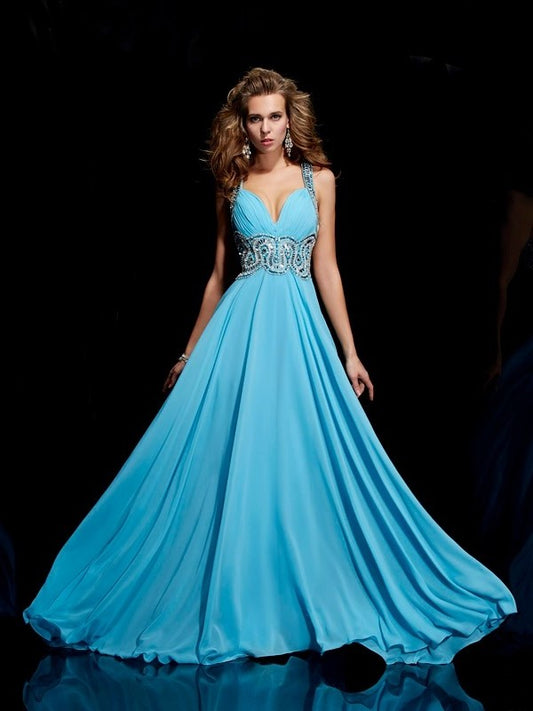 Sleeveless Beading Straps A-Line/Princess Long Chiffon Dresses