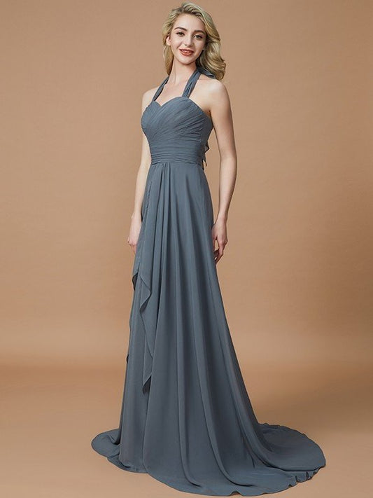 Sweep/Brush A-Line/Princess Chiffon Sleeveless Halter Train Bridesmaid Dresses