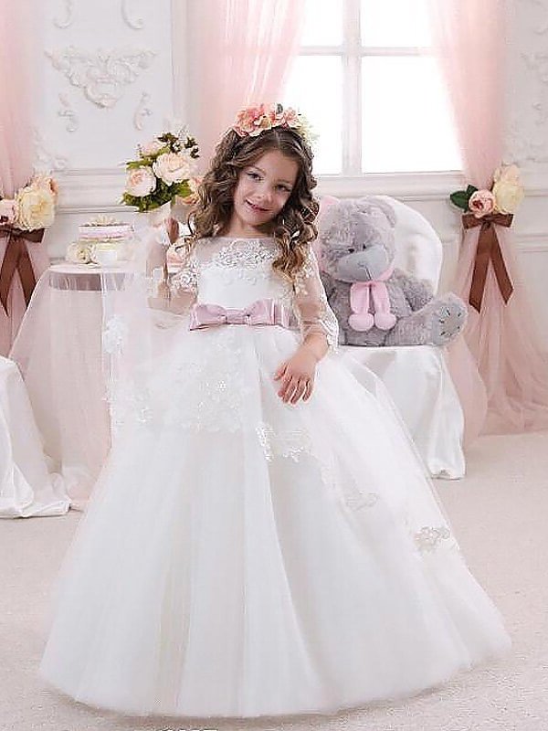 Gown Floor-Length Ball Jewel Sleeves 1/2 Lace Tulle Flower Girl Dresses