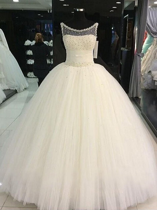 Tulle Beading Ball Gown Sleeveless Scoop Floor-Length Wedding Dresses