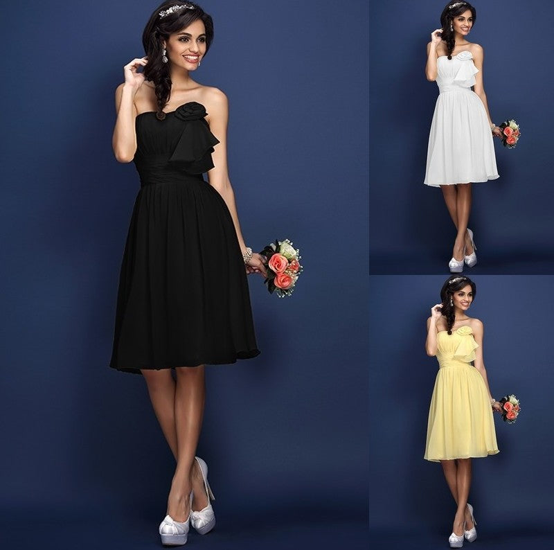 Strapless Sleeveless Flower A-Line/Princess Hand-Made Short Pleats Chiffon Bridesmaid Dresses