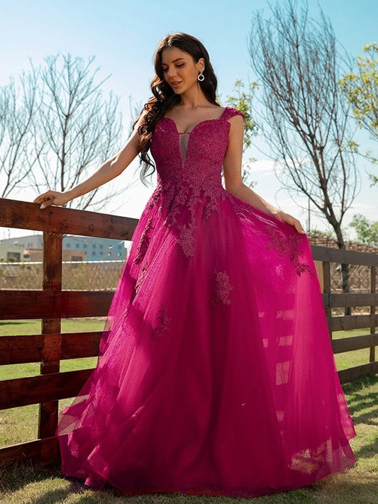 Tulle Applique V-neck A-Line/Princess Sleeveless Floor-Length Dresses