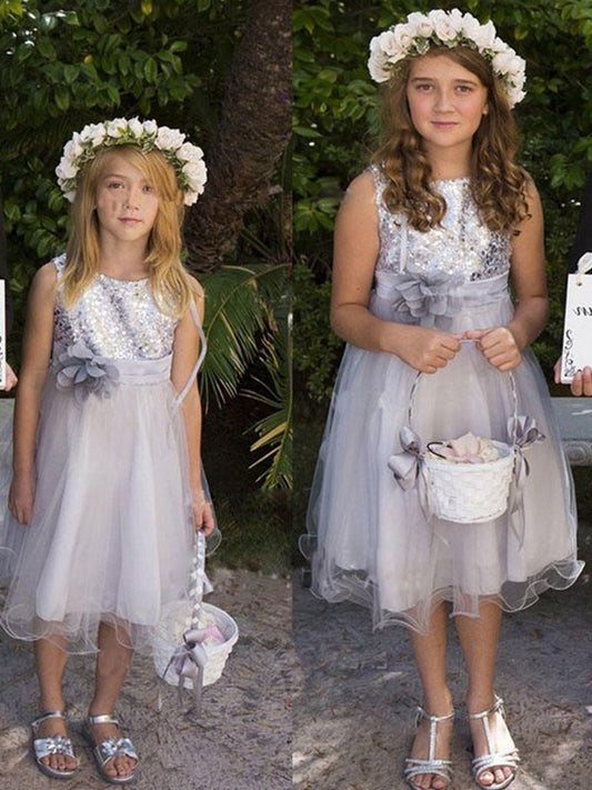 Scoop Flower Hand-Made Tulle Tea-Length A-Line/Princess Sleeveless Flower Girl Dresses