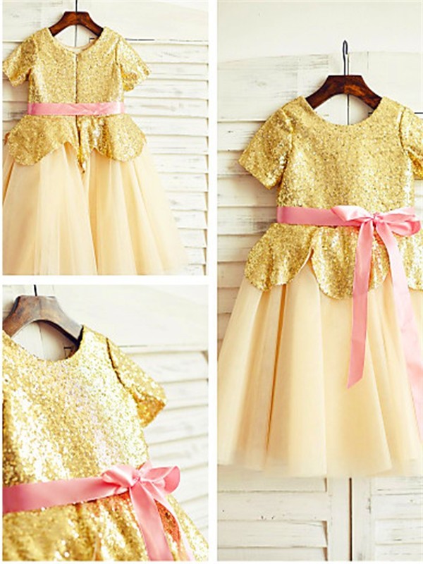 Scoop A-line/Princess Short Tulle Sequin Tea-Length Sleeves Flower Girl Dresses