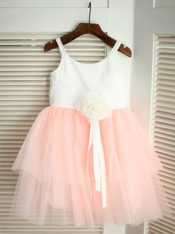 A-line/Princess Sleeveless Hand-made Spaghetti Straps Flower Long Tulle Flower Girl Dresses