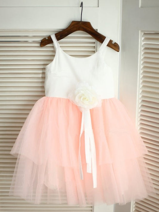 A-line/Princess Sleeveless Hand-made Spaghetti Straps Flower Long Tulle Flower Girl Dresses