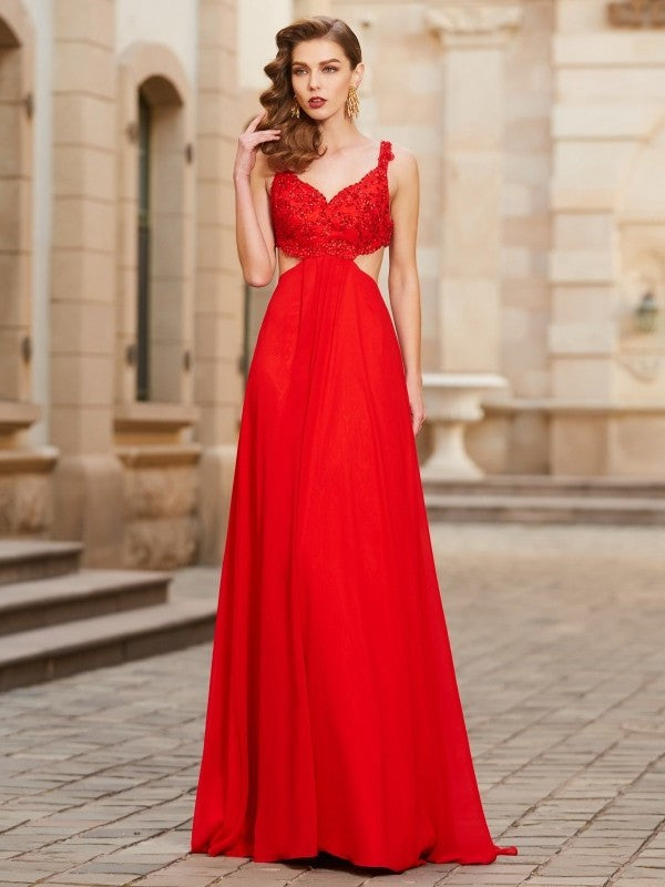 Sleeveless Straps Floor-Length A-Line/Princess Applique Chiffon Dresses