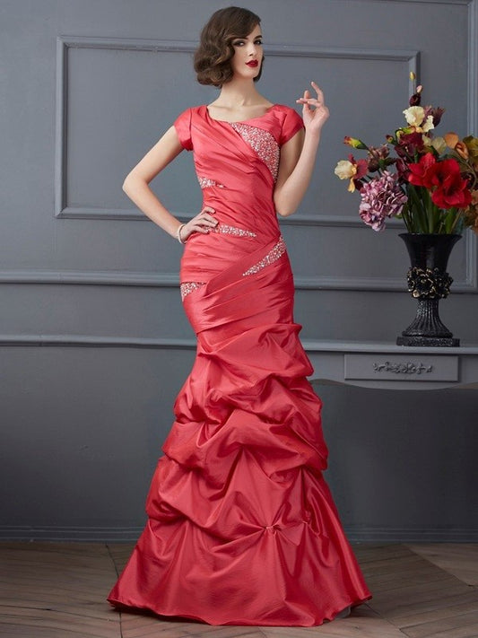 Beading Short Scoop Sleeves Trumpet/Mermaid Long Taffeta Dresses