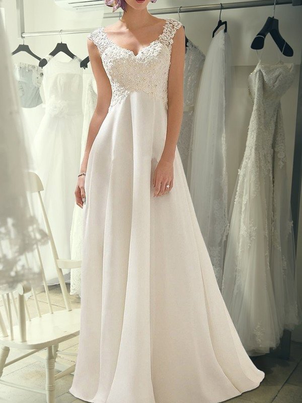 Lace Floor-Length V-neck Sleeveless Empire Chiffon Wedding Dresses