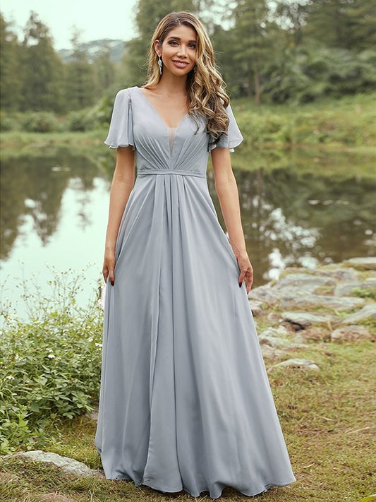 V-neck A-Line/Princess Short Chiffon Ruffles Sleeves Floor-Length Bridesmaid Dresses