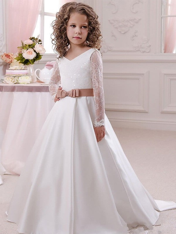 Floor-Length V-neck Sleeves Gown Long Lace Satin Ball Flower Girl Dresses