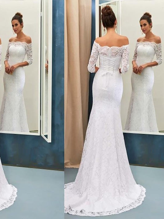 Lace Trumpet/Mermaid Off-the-Shoulder Train Long Sweep/Brush Sleeves Wedding Dresses