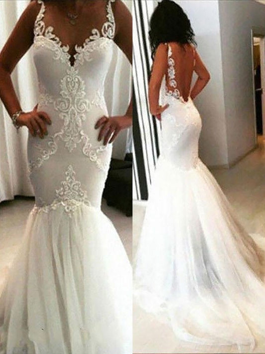 Spaghetti Straps Train Chapel Trumpet/Mermaid Sleeveless Applique Tulle Wedding Dresses