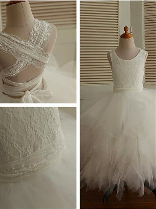 Gown Ball Ankle-Length Tulle Lace Sleeveless Scoop Flower Girl Dresses