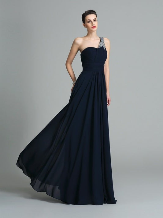 One-Shoulder Rhinestone A-Line/Princess Sleeveless Long Chiffon Dresses