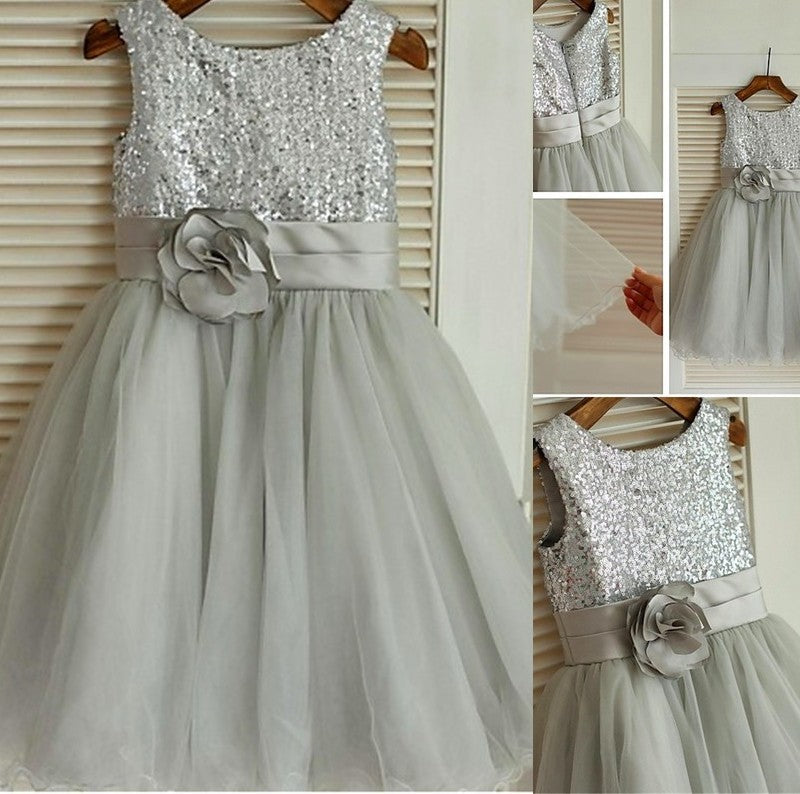 Tea-Length Tulle Sequin Sleeveless Scoop A-line/Princess Flower Girl Dresses