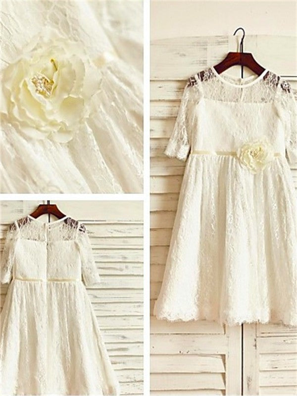 Lace Scoop A-line/Princess Ankle-Length Sleeves Hand-made 3/4 Flower Flower Girl Dresses