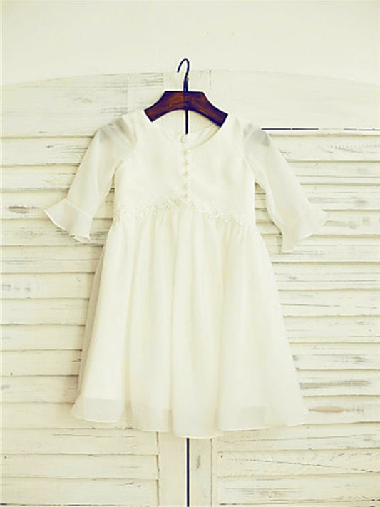 Ruffles Long Scoop Tea-Length A-line/Princess Sleeves Chiffon Flower Girl Dresses