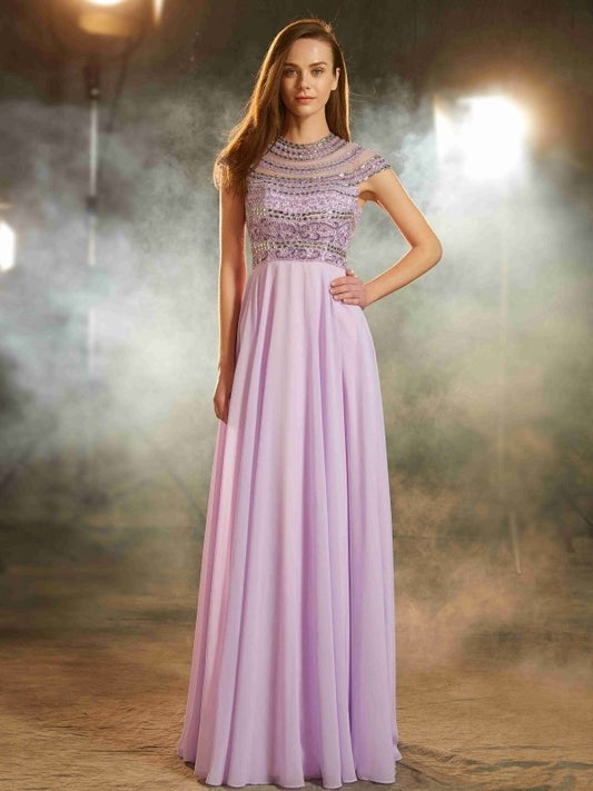 Scoop A-Line/Princess Sleeves Floor-Length Short Beading Chiffon Dresses