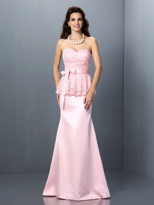 Trumpet/Mermaid Lace Sweetheart Sleeveless Long Satin Bridesmaid Dresses