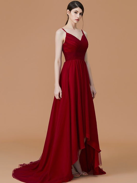 Ruffles Straps Asymmetrical Sleeveless A-Line/Princess Spaghetti Chiffon Bridesmaid Dresses