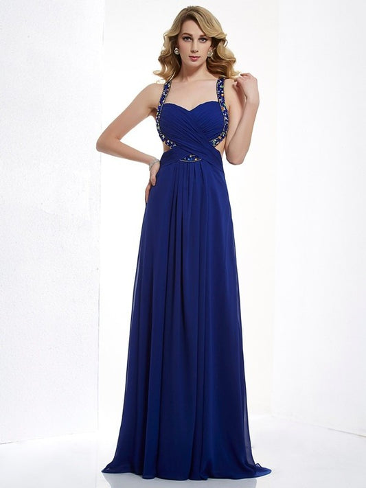 A-Line/Princess Sleeveless Beading Halter Long Chiffon Dresses