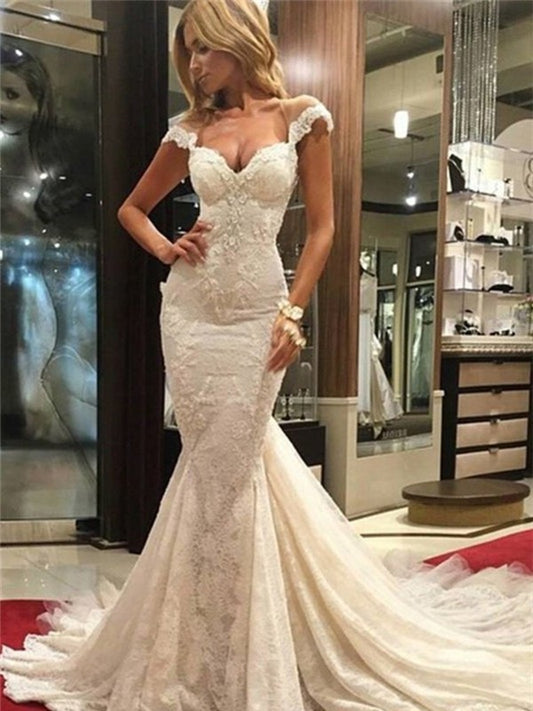 Trumpet/Mermaid Sleeveless Chapel V-neck Train Lace Wedding Dresses